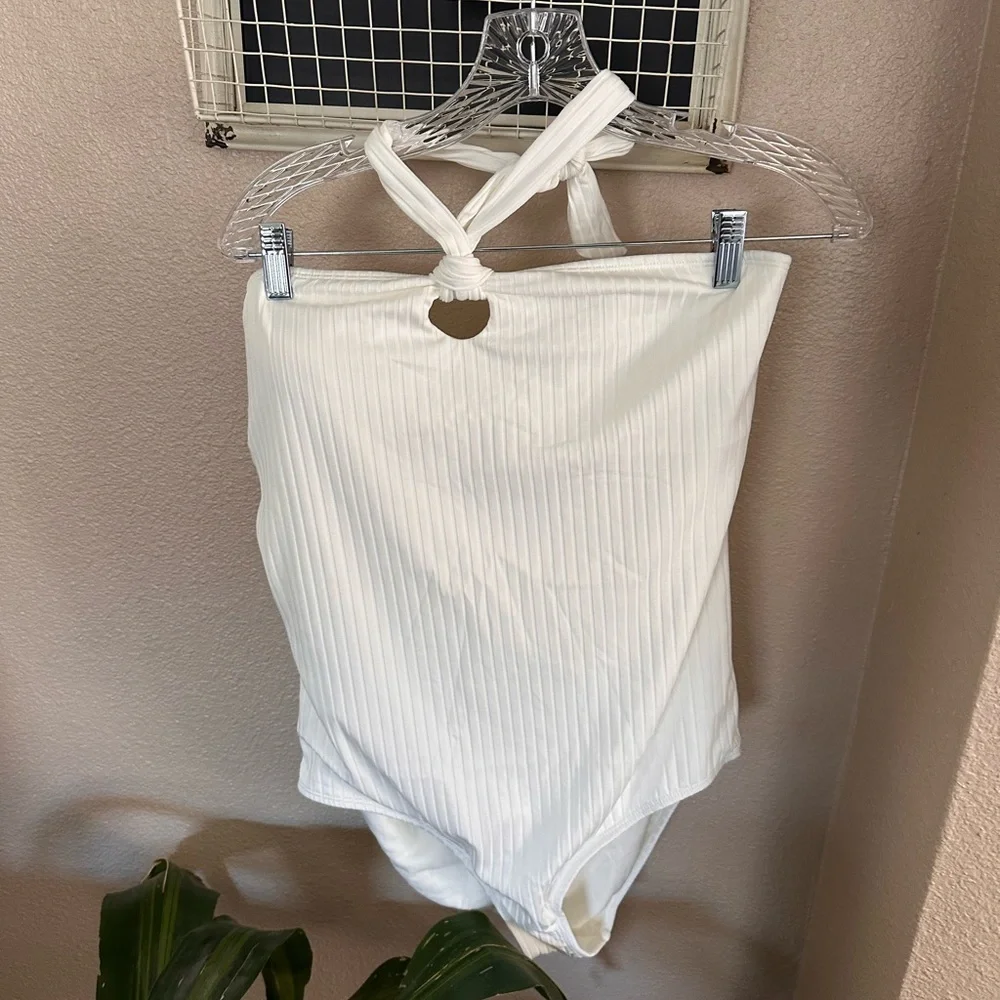 PINK lily FOLLY BEACH WHITE RIBBED HALTER ONE PIECE SWIMSUIT
